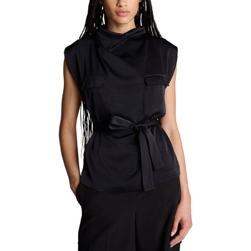 Kenneth Cole Womens High Cowl Neck Belted Blouse